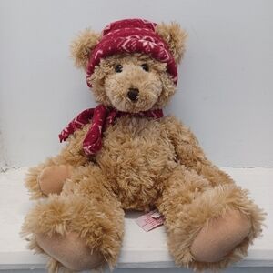 Russ Berrie Cranberry Brown Teddy Bear with Red Hat and Scarf Plush Stuffy